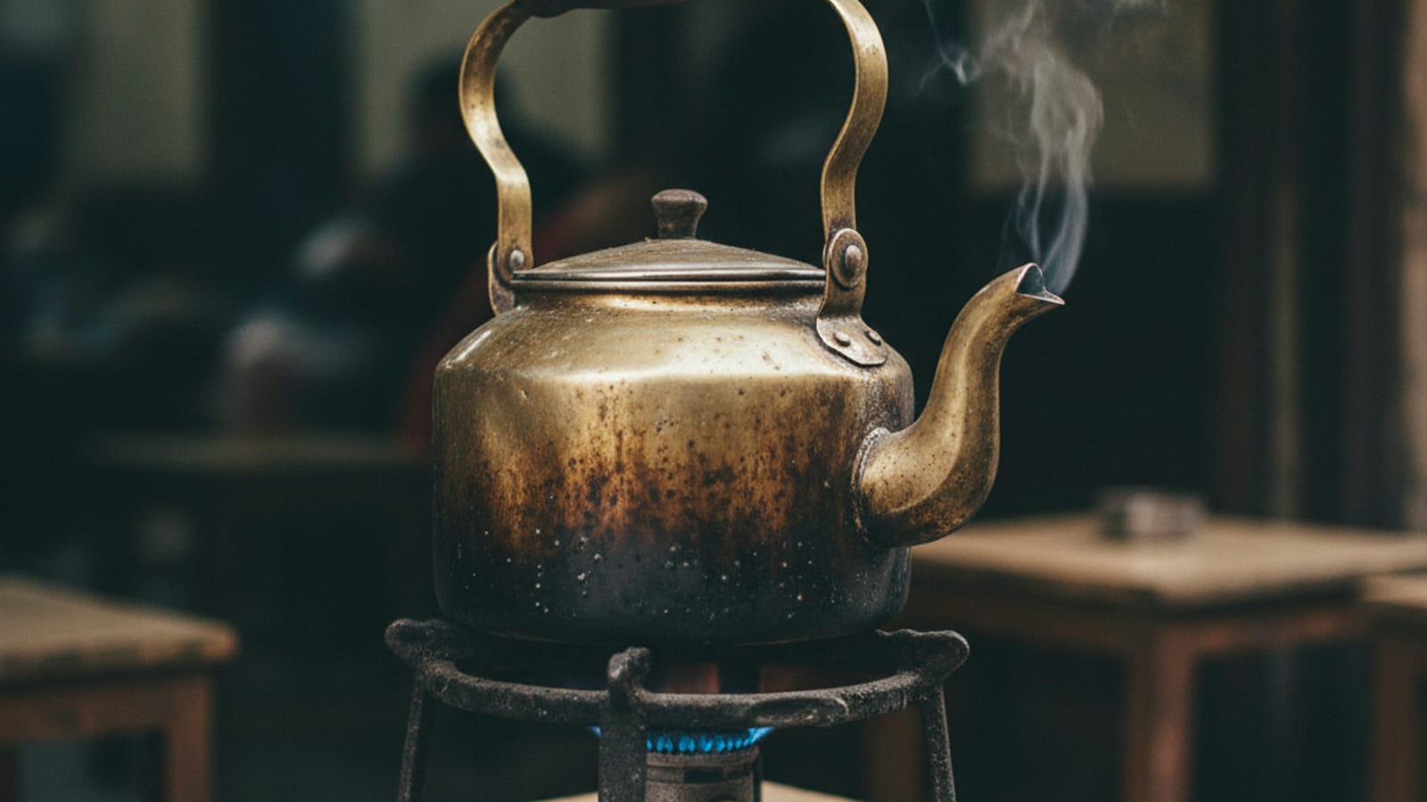Chaleira antiga soltando vapor sobre a chama de um fogareiro